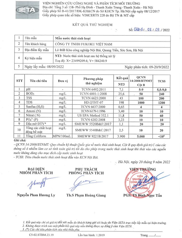 Quý 3/2022 Kết quả quan trắc môi trường Lô 86B